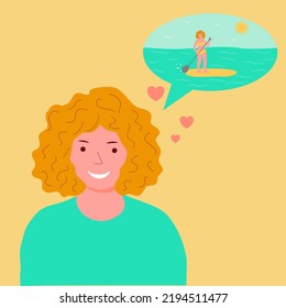 Smiling girl with curly hair dreaming about summer and paddleboarding, flat vector