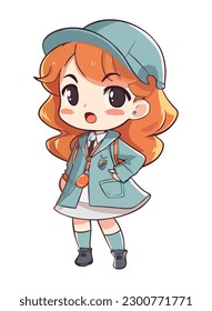 Smiling girl in cute jacket and cap icon isolated
