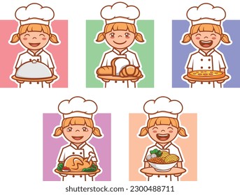Smiling Girl Cute Kitchen Chef Hat cartoon holding a tray of various food dishes baguitte, white bread, croissant, pizza, roast chicken, noodles character logo character mascot illustration vector