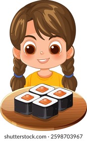 Smiling girl with delicious sushi rolls on plate