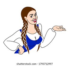 smiling girl demonstrates open palm for product advertising. Woman presenting point, holding empty object vector cartoon. pretty in red dress and with long braids holds hand up. presentation gesture.
