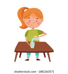 Smiling Girl at Desk Playing with Water and Glass Vector Illustration