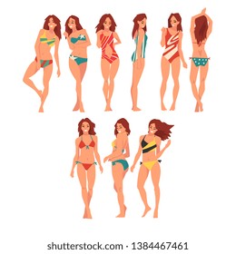 Smiling Girl in Different Swimsuits Set, Beautiful Young Woman Wearing Color Bathing Suits, Summer Fashion Vector Illustration