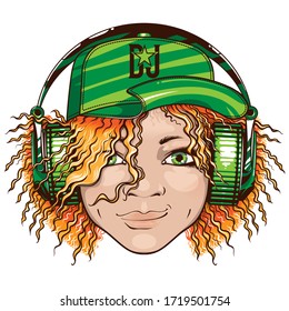 Smiling girl DJ in green headphones