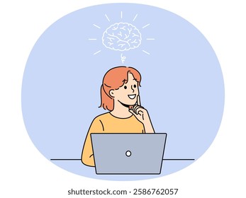 Smiling girl is doing brainstorming sitting near laptop and thinking about best solution to problem. Schoolgirl doing brainstorming about getting online education on school website