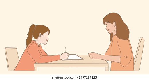 Smiling girl doing homework, writing on tablet PC with mother at desk. Home teacher teaching student. Mom spending time with daughter, learning. Hand drawn flat cartoon character vector illustration.