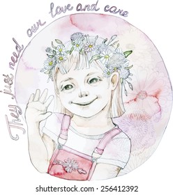 Smiling girl with Down syndrome. Watercolor illustration isolated on white background