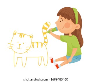 Smiling Girl Drawing Cat with Felt Pen or Pencil on the Wall Vector Illustration