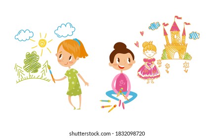 Smiling Girl Drawing Forest and Castle with Hair Pencil on the Wall Vector Illustration Set