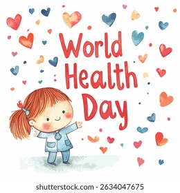 A smiling girl, dressed as a doctor, stands amidst colorful watercolor hearts; World Health Day text is present.