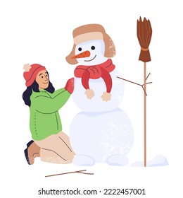 Smiling girl dressed in outerwear building snowman. Kid playing alone outdoors on winter holidays. Cute little child having fun in wintertime. Vacation and childhood. Flat vector illustration isolated