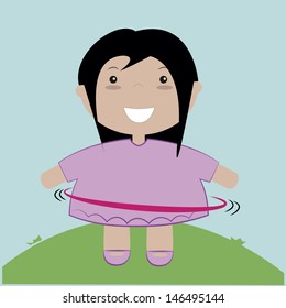 smiling girl dressed in pink playing with a circle around his waist.