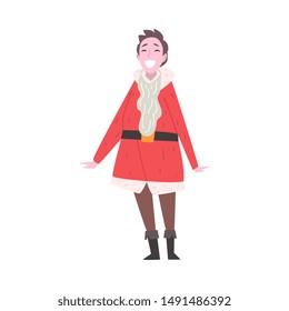 Smiling Girl Dressed as Santa Claus, Young Woman in Festival Costume, Masquerade Ball, Person Taking Part at Carnival Party or Holiday Celebration Vector Illustration