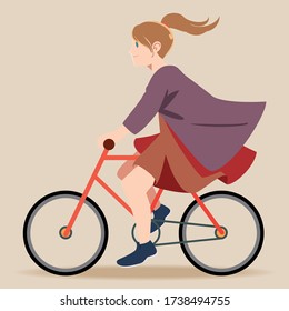 Smiling girl dressed in stylish clothes riding bicycle. Cute happy young woman on bike. Adorable female bicyclist. Flat cartoon colorful vector illustration.