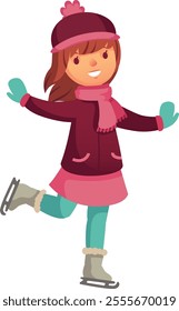 Smiling girl dressed in warm winter clothes, including a cozy hat, scarf, and gloves, joyfully ice skating with open arms, embracing the fun of winter holidays