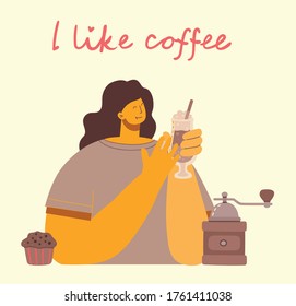 Smiling girl drinking coffee. Coffee time, break and relaxation vector concept cards. Vector illustration in modern design style