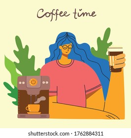 Smiling girl drinking coffee . Coffee time, break and relaxation vector concept cards. Vector illustration in modern flat design style