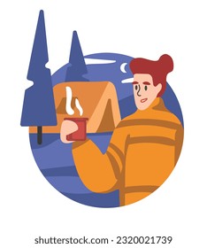 Smiling girl drinking hot tea near tent in mountains in woods. Character doing camping during their vacation. Visiting sightseeing. Vector flat style illustration