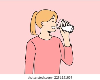 Smiling girl drinking milk from glass. Happy woman enjoy dairy product for calcium and nutrition organic diet. Vector illustration. 