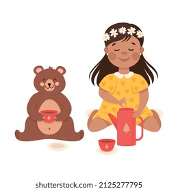 Smiling Girl Drinking Toy Tea with Teddy Bear Playing and Having Fun Vector Illustration