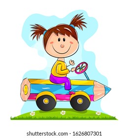Smiling girl driving big colorful pencil, isolated on white backgound