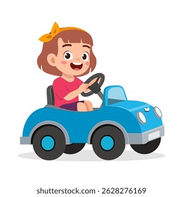Smiling Girl Driving a Blue Toy Car with Happy Expression in Cartoon Illustration