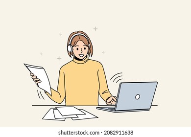 Smiling girl in earphones study online on computer with school paperwork material. Happy woman take web course on laptop, have webcam video class on gadget. Distant education. Vector illustration. 