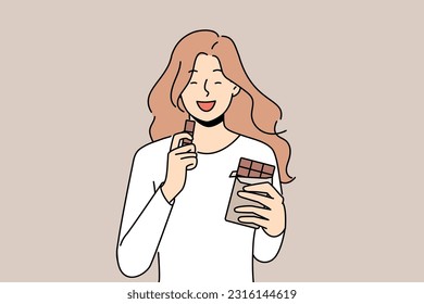 Smiling girl eating chocolate. Happy woman enjoy sweet dessert, milk or black chocolate bar. Vector illustration. 