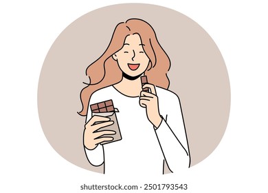 Smiling girl eating chocolate. Happy woman enjoy sweet dessert, milk or black chocolate bar. Vector illustration.