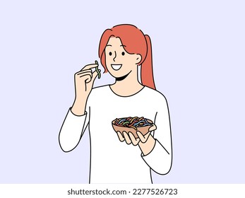 Smiling girl eating colorful gummy worms from bowl. Happy woman taste sweet snacks. Vector illustration. 