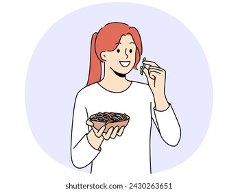 Smiling girl eating colorful gummy worms from bowl. Happy woman taste sweet snacks. Vector illustration.