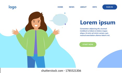 Smiling girl and empty speech bubble. Hand, speaking, conversation flat vector illustration. Communication and message concept for banner, website design or landing web page