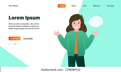 Smiling girl and empty speech bubble. Hand, speaking, conversation flat vector illustration. Communication and message concept for banner, website design or landing web page