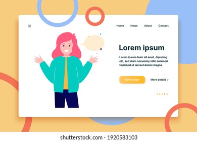 Smiling girl and empty speech bubble. Hand, speaking, conversation flat vector illustration. Communication and message concept for banner, website design or landing web page