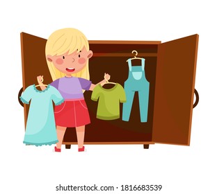 Smiling Girl Engaged in Housework Putting Clothing in Wardrobe in Order Vector Illustration