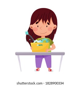 Smiling Girl Engineering and Configurating Robot Vector Illustration
