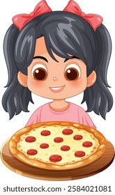 Smiling girl enjoying a pepperoni pizza