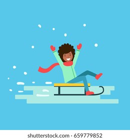 Smiling girl enjoying a sleigh ride. Winter activity colorful character vector Illustration