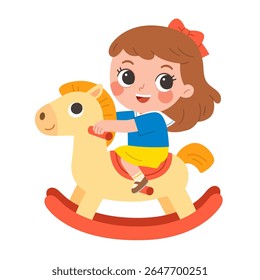Uma garota sorridente gosta de andar de cavalo balançando madeira em casa. Ela parece feliz e cheia de energia, vestindo uma roupa colorida com um grande arco vermelho em seu cabelo.
