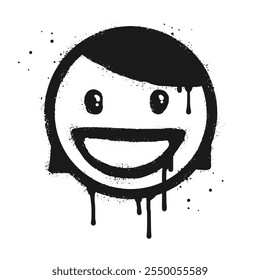 Smiling girl face emoticon character. Spray painted graffiti happy face in black over white. isolated on white background. vector illustration