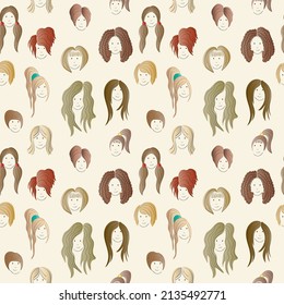 Smiling girl faces with different hairstyles seamless pattern. Girl avatars vector illustration.