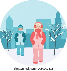 Smiling Girl with fair hair and boy with dark hair wearing winter clothes walking in a snowy winter city park. Flat cartoon style vector illustration.