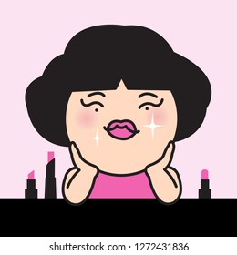 Smiling Girl Feeling Prettier With Lipstick Shade That Suits Her Skin Tone Concept Card Character illustration