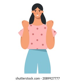 Smiling girl fists up in joy. Concept of happiness, victory or lucky. Happy confident woman. Flat vector illustration isolated  on white background.