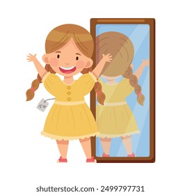 Smiling Girl Fitting Trendy Dress in Front of the Mirror Vector Illustration