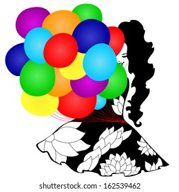 smiling girl in floral dress, with multicolor balloons, design element