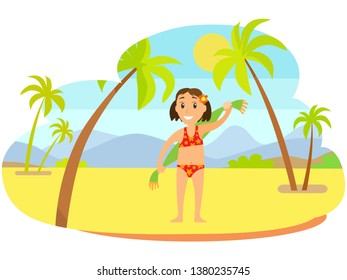 Smiling girl with flower in hair, child standing on sand in swimsuit holding towel on back, mountain landscape and sunny weather, palm trees vector