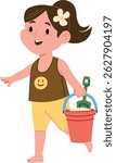 A smiling girl with a flower in her hair holds a beach bucket in a playful cartoon style. The child wears a smiley tank top and shorts, ready for a day of fun. Cartoon vector illustration.