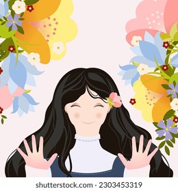 A smiling girl with a flower in her hair. A character portrait. Vector illustration in a flat style on the theme of relaxation and happiness. Floral background. A postcard for spring or summer.