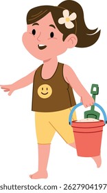 Uma garota sorridente com uma flor no cabelo segura um balde de praia em um estilo de desenho animado divertido. A criança usa um top de tanque sorridente e shorts, pronto para um dia de diversão. Ilustração de vetor de desenhos animados.